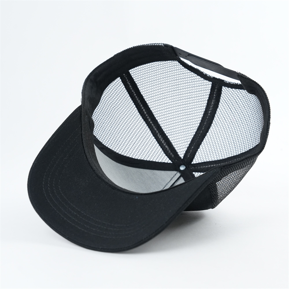 Black 5 Panel Mesh Trucker Cap with White Embroidered Logo