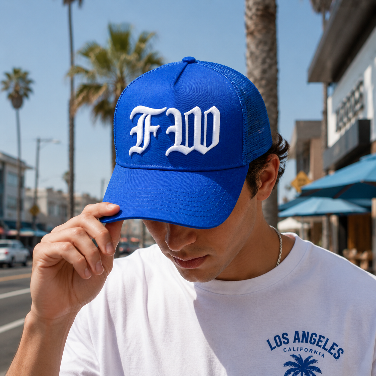 Royal Blue Mesh-Back Trucker Cap with Raised White Gothic DB Embroidery