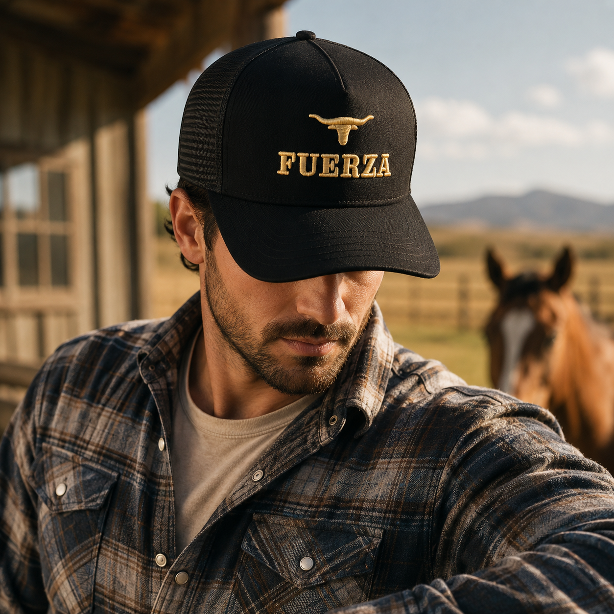 Black FUERZA Bull Embroidered Cotton Mesh Trucker Hat
