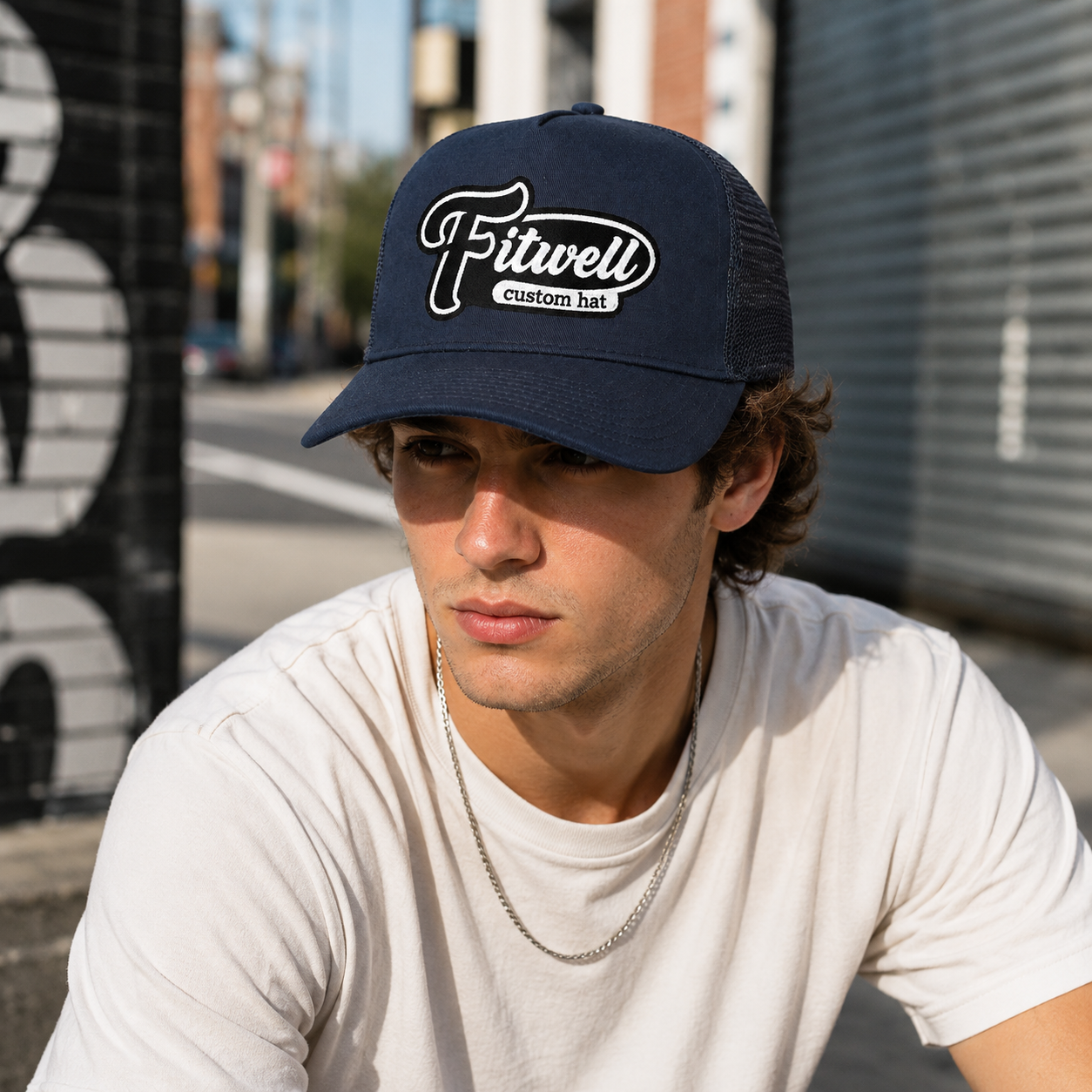 Navy 5-Panel Cotton Trucker Hat with Nipomo Western Embroidery