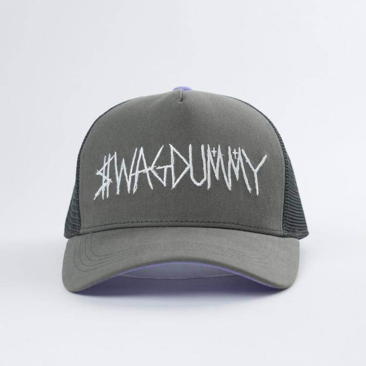 Gray Five-Panel Curved Brim Trucker Cap with White Graffiti Embroidery