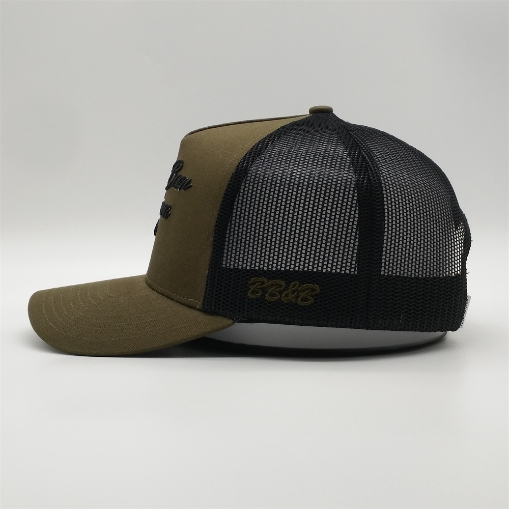 Olive Green Black Mesh Script Embroidered Cotton Trucker Hat