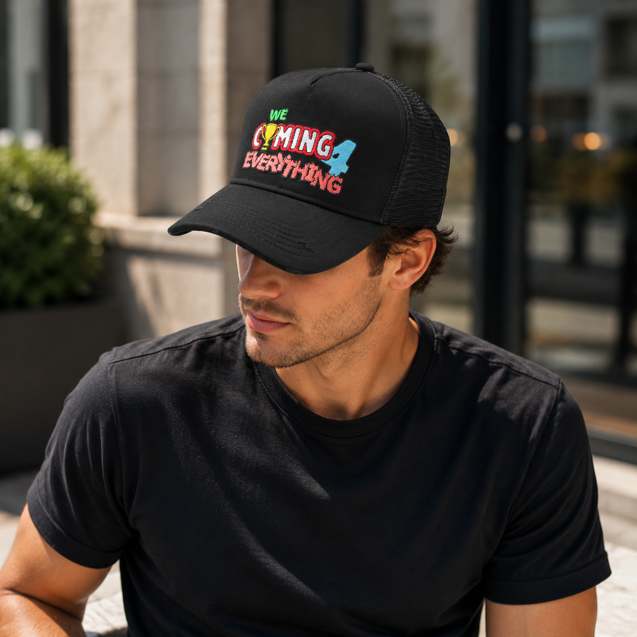 Black Mesh Trucker Baseball Cap with Colorful Statement Embroidery