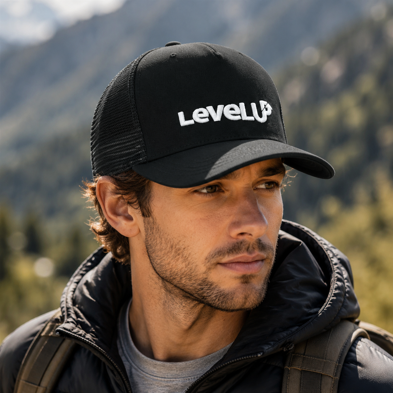 LevelUp Black Mesh Embroidered Trucker Hat