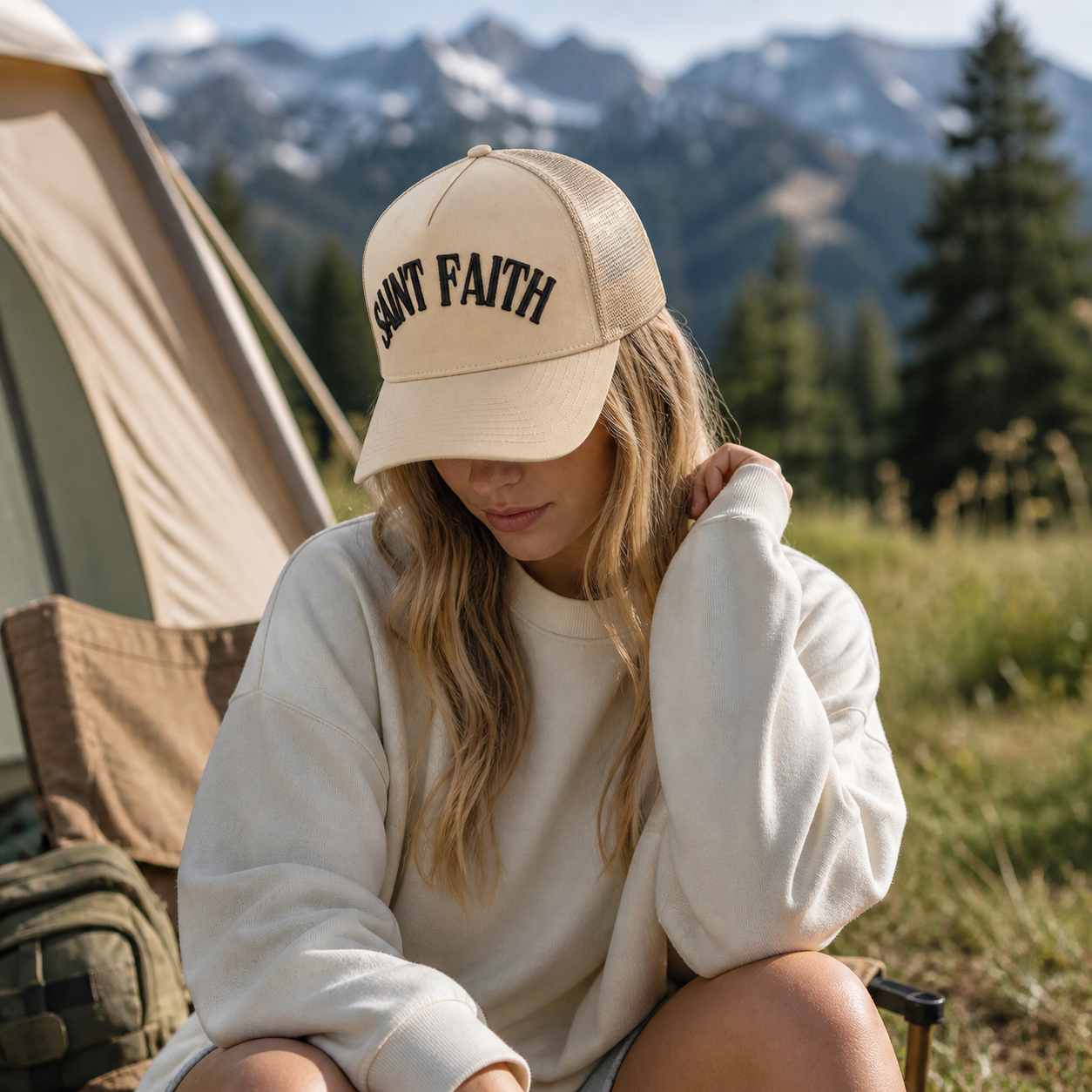 SAINT FAITH Beige 5-Panel Cotton Mesh Trucker Hat with Embroidered Letter Logo