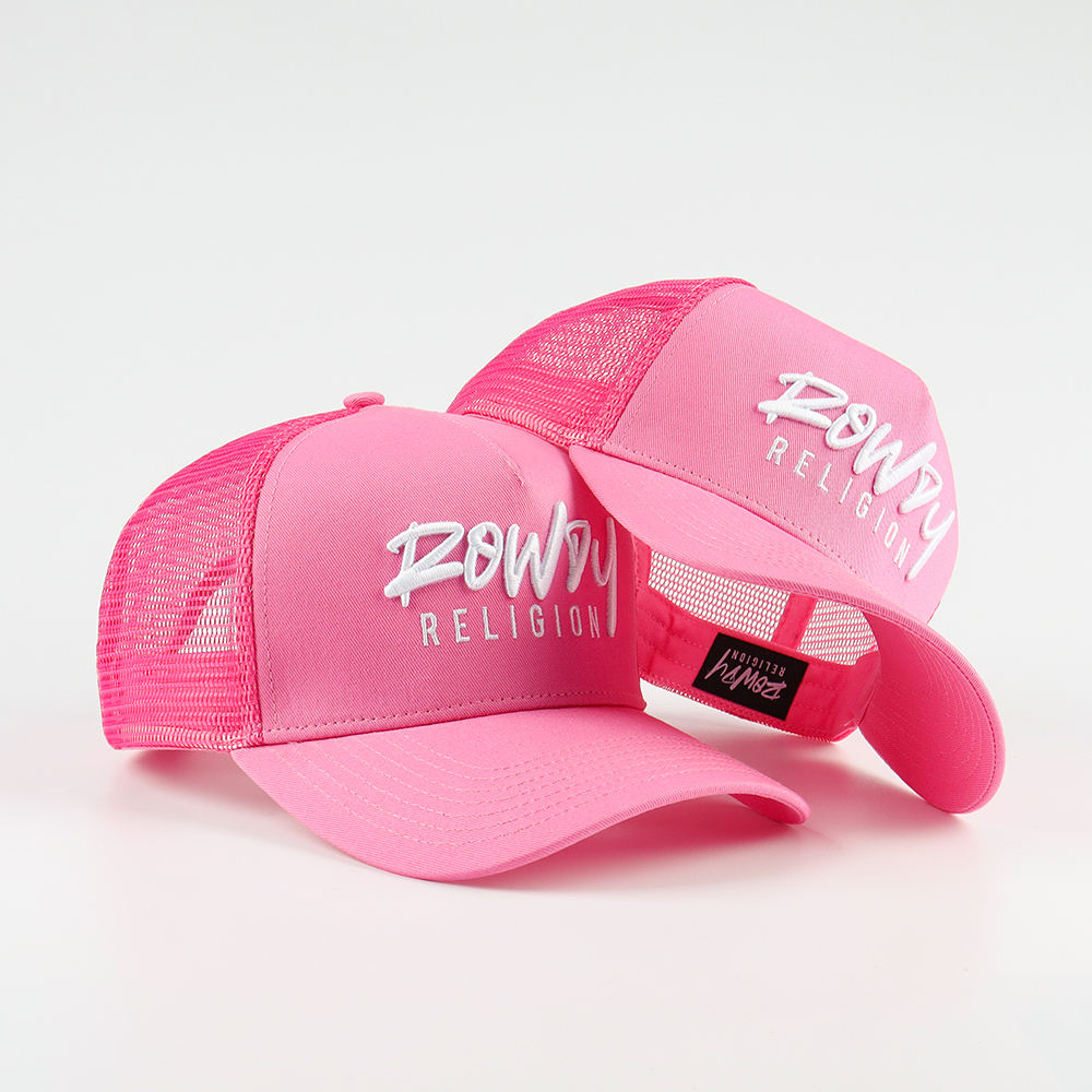 Bright Pink 5-Panel Mesh Trucker Cap with White Script Embroidery