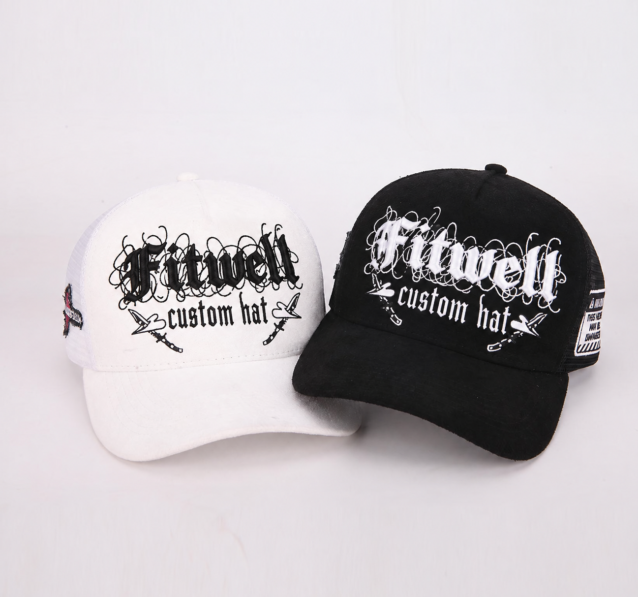 Black & White 5-Panel Cotton Trucker Hat with 3D Embroidered Studio Graphic, Warning Side Patch, Mesh Back and Curved Brim – Unisex Streetwear Cap