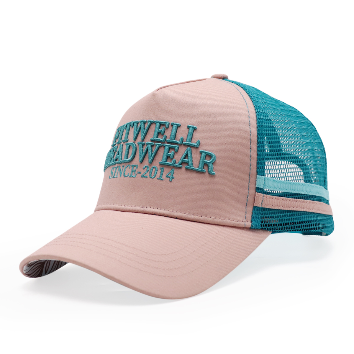 Pink and Teal Five-Panel Mesh Trucker Cap with Raised Letter Embroidery