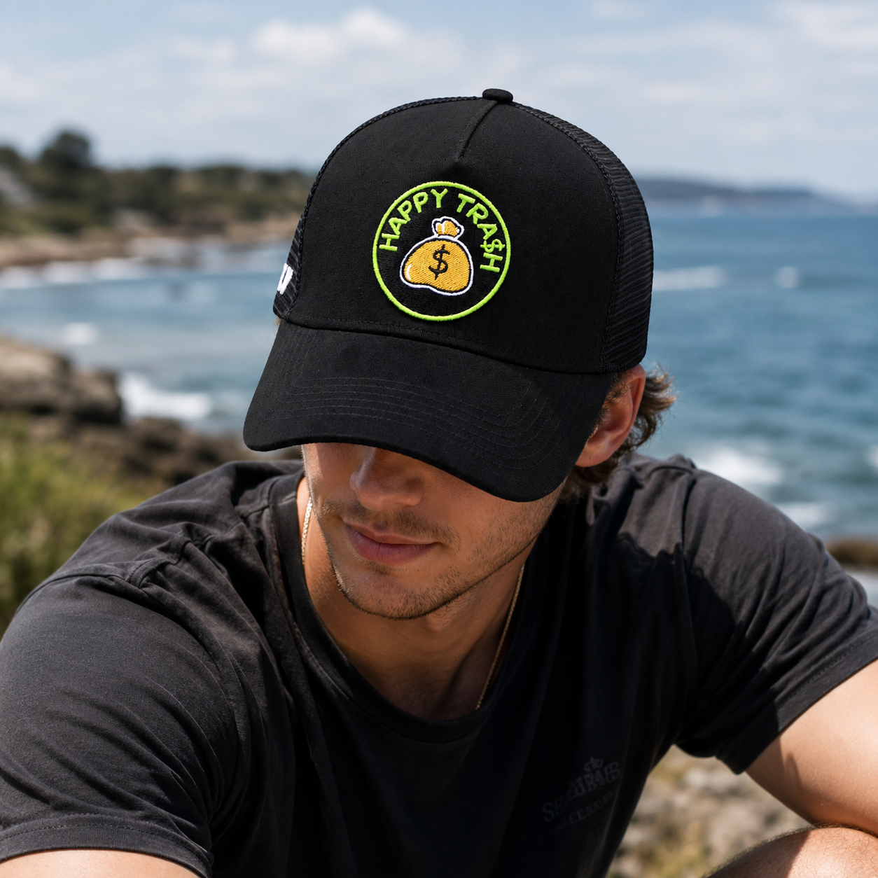 Black Happy Trash Money Bag Patch Mesh Trucker Cap
