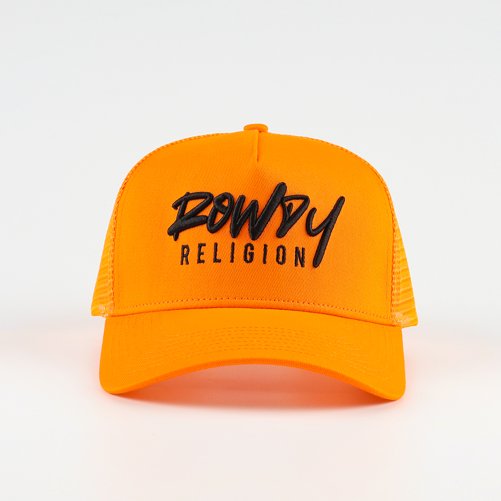 Neon Orange Foam Mesh Trucker Hat with 3D Black Embroidery