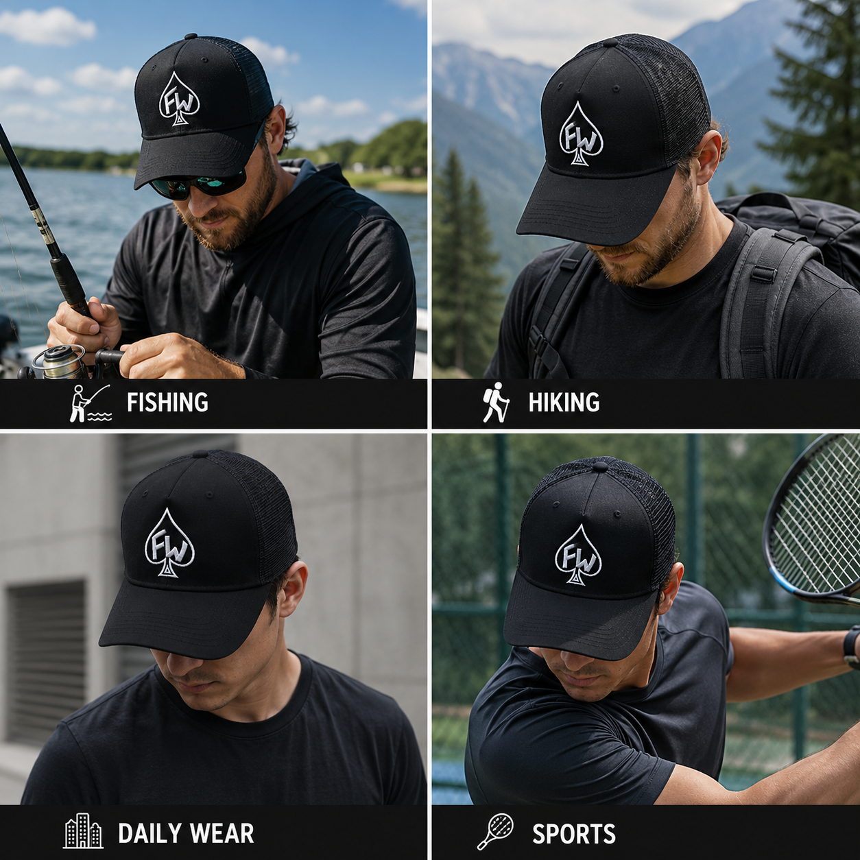 Black Mesh Trucker Cap with White Spade Logo Embroidery