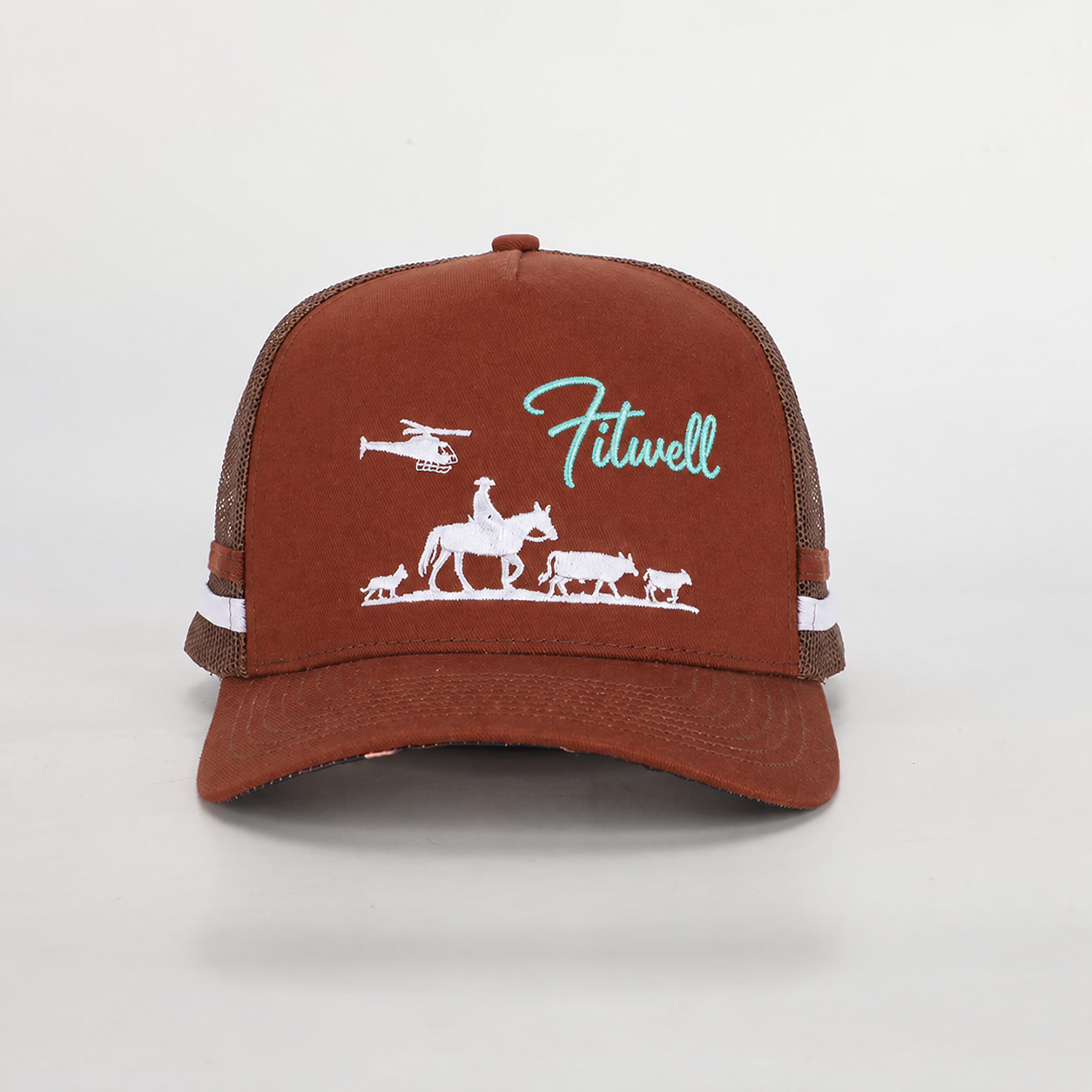 Brown Cotton Mesh Trucker Hat with Ranch Animal Embroidered Logo