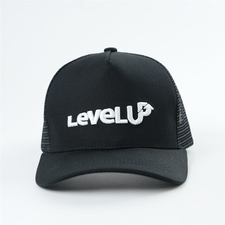 LevelUp Black Mesh Embroidered Trucker Hat