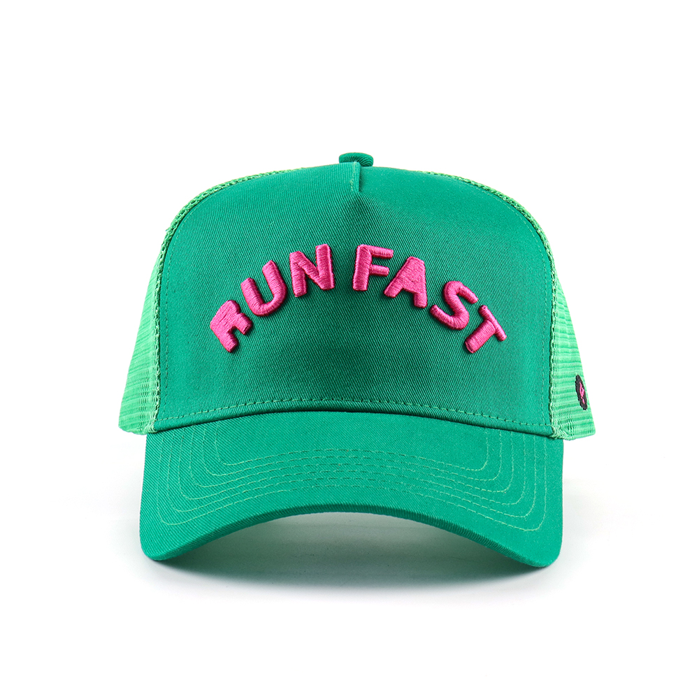 Green Mesh Foam Trucker Hat with Pink 3D RUN FAST Embroidery