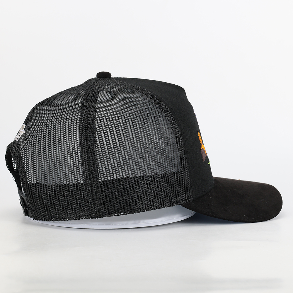 Black 5-Panel Mesh Trucker Cap with Skeleton Graveyard Embroidery – Curved Brim Streetwear Hat
