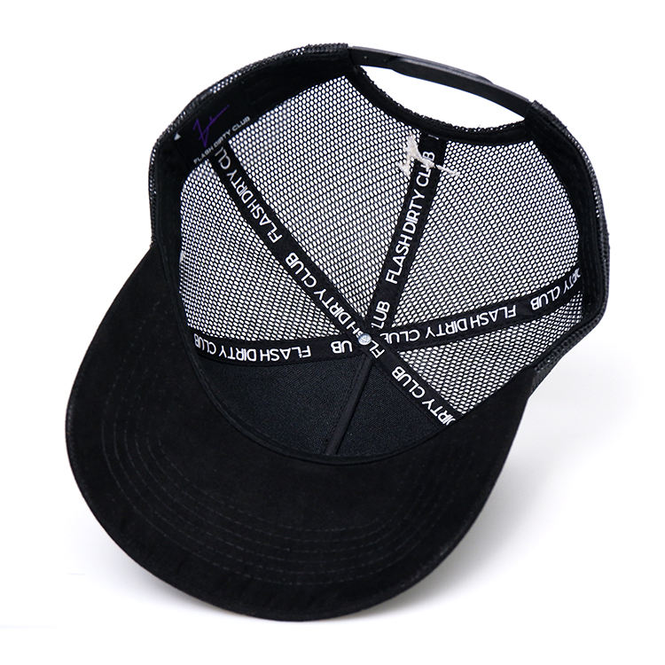 Black Suede Front Mesh Trucker Cap with Bold White Embroidered Graphic