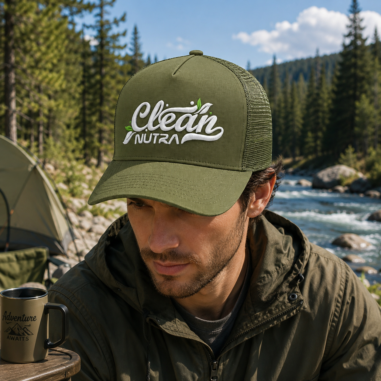 Olive Green Clean Nutral 3D Embroidered Mesh Trucker Cap