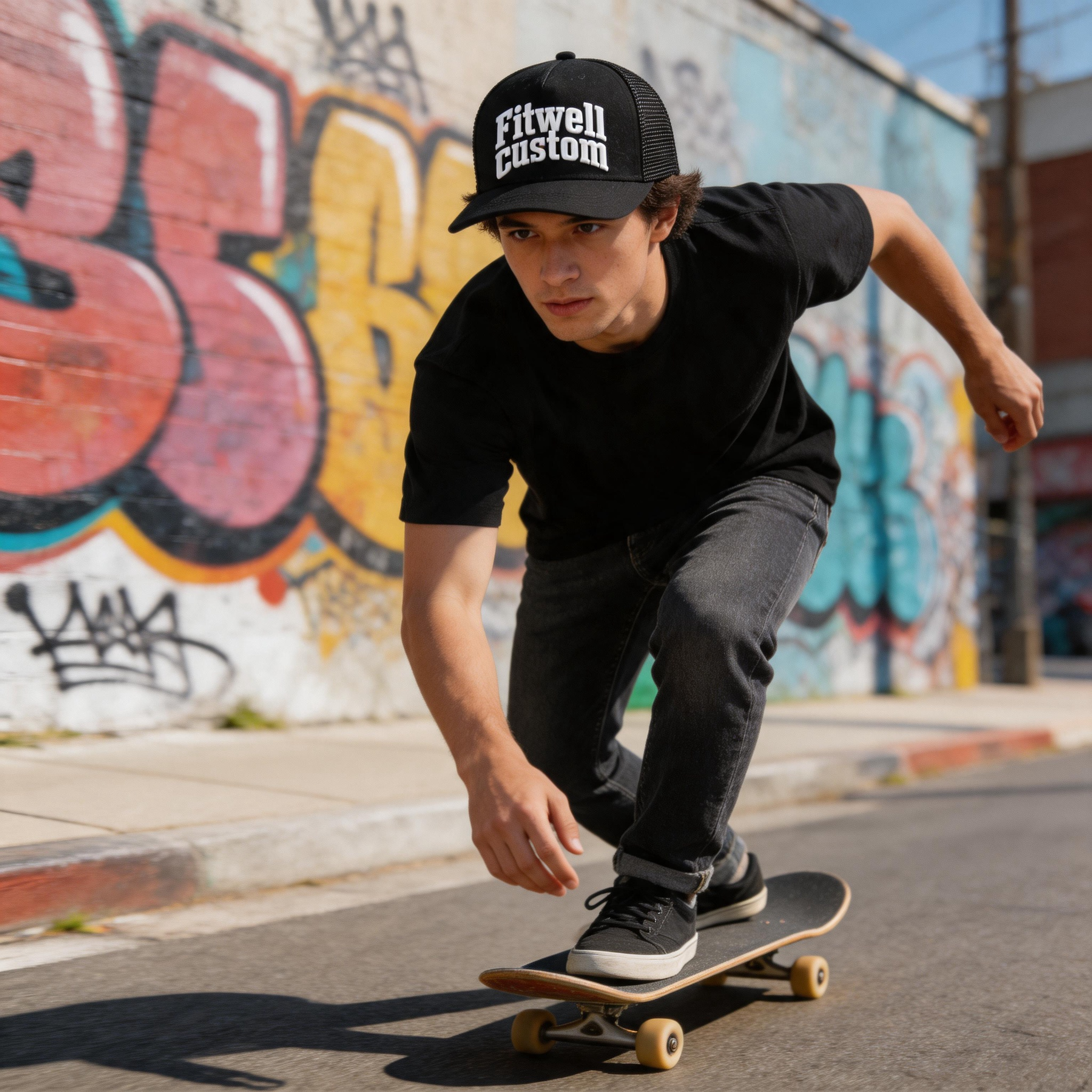 Black Mesh Trucker Hat with Young Zurich Embroidered Slogan Logo