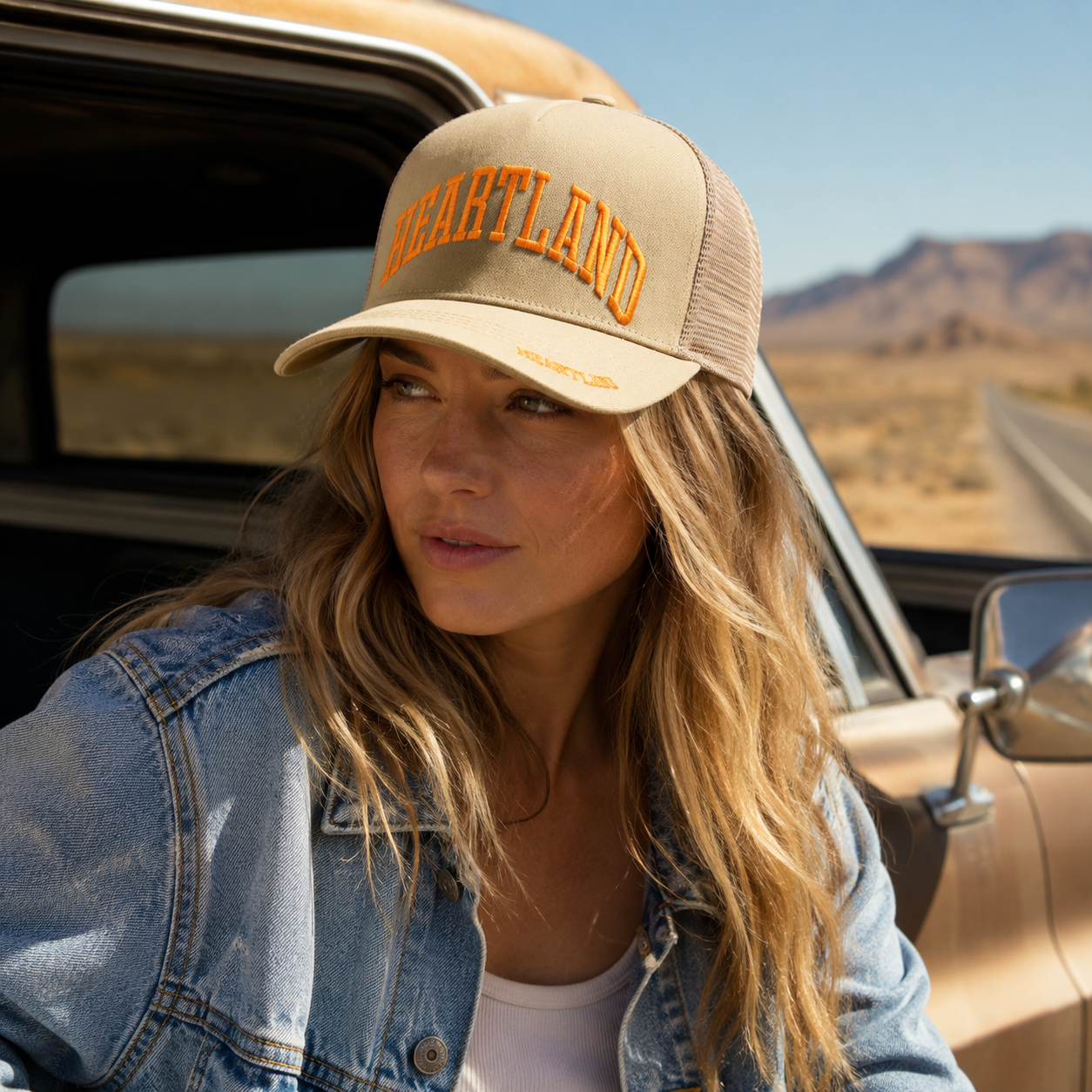 Heartland Orange Embroidered Beige Mesh Trucker Cap