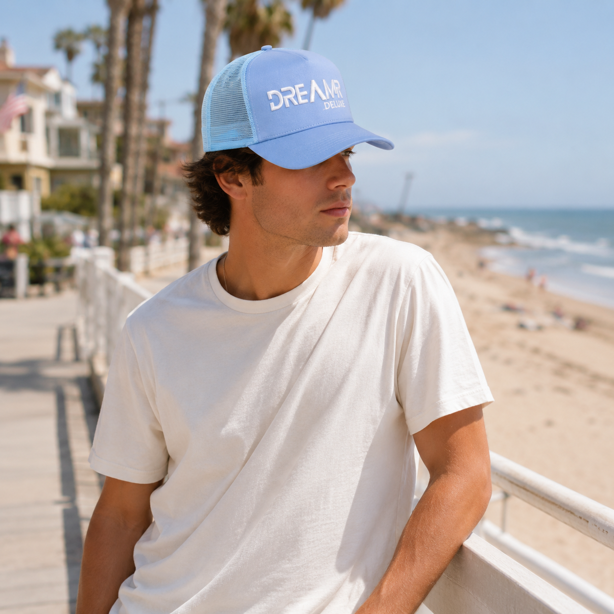 Light Blue 5-Panel Mesh Trucker Hat with White Embroidery