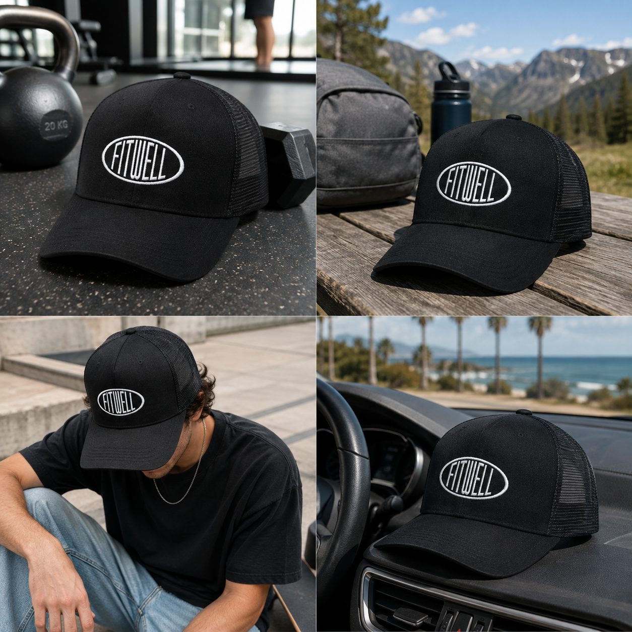 Black Mesh Trucker Cap with White Oval Embroidered Letter Logo