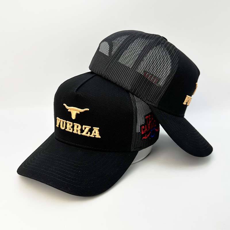 Black FUERZA Bull Embroidered Cotton Mesh Trucker Hat