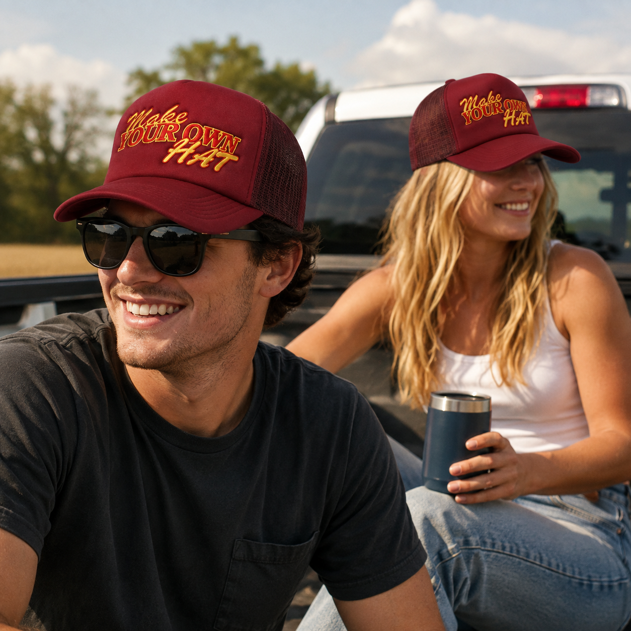 Burgundy Mesh-Back Trucker Cap with Raised Make Your Own Luck Embroidery