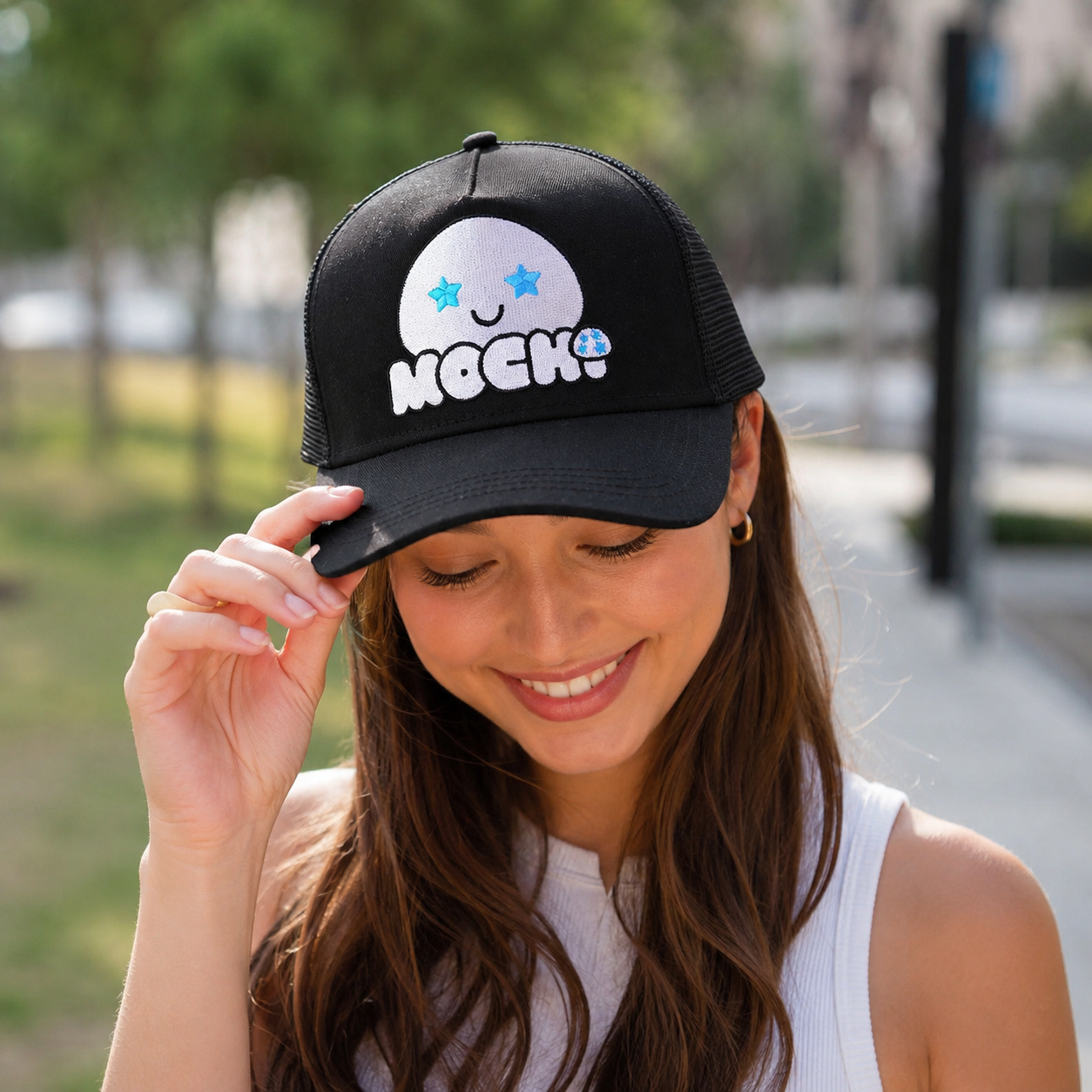 Black Cartoon Face Embroidered Mesh Trucker Hat