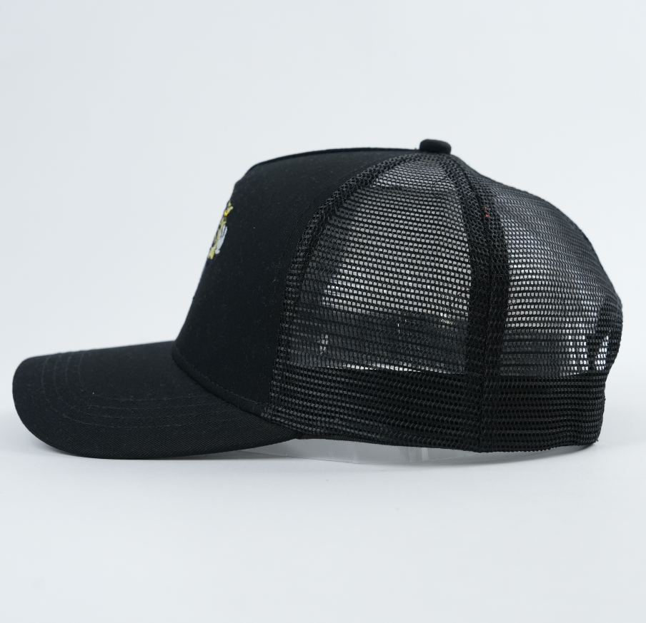 Black 5 Panel Trucker Hat with Embroidered Money Bag Cartoon Logo