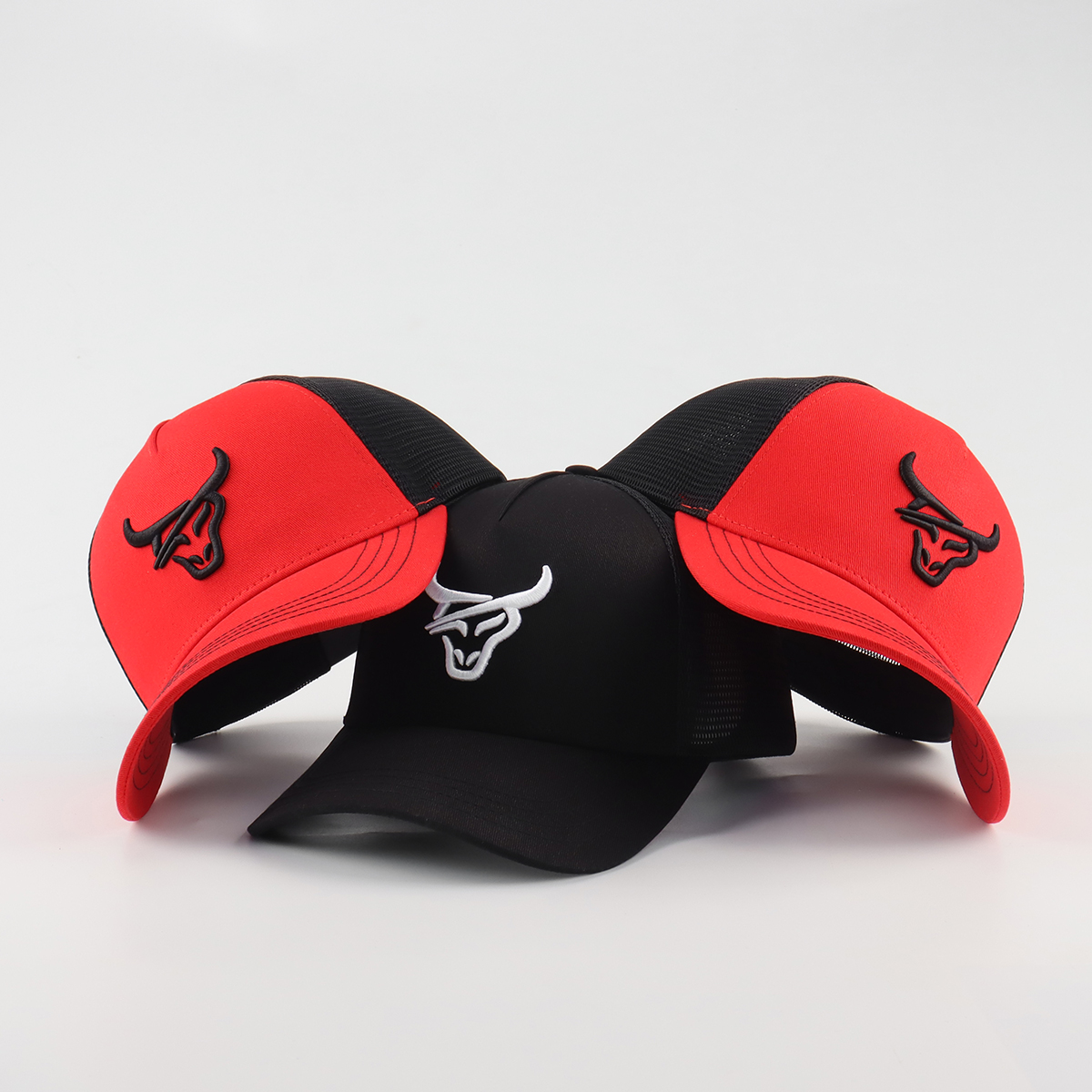 Red and Black Bull Logo Embroidered Mesh Trucker Cap