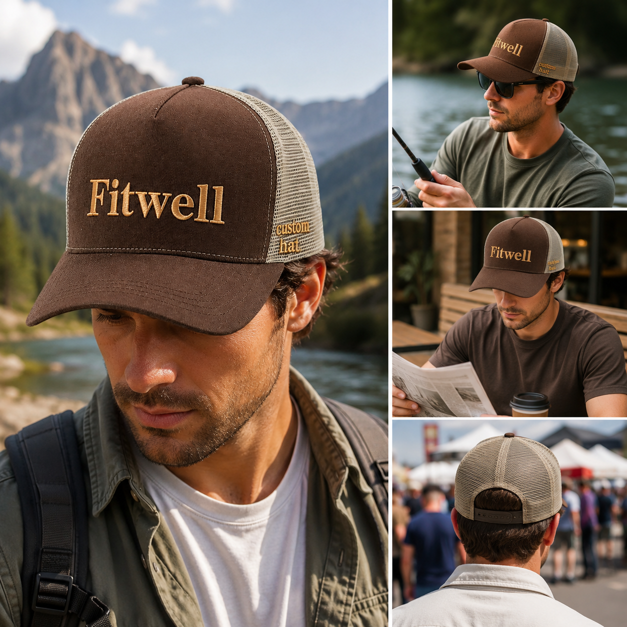 Brown Five-Panel Mesh Trucker Cap with Gold Slogan Embroidery