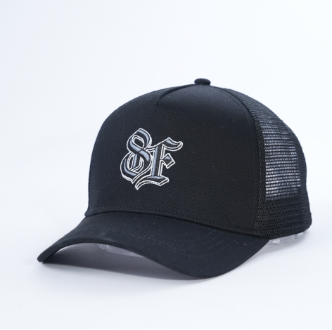 Black Mesh Trucker Cap with Embroidered Gothic Letter Logo