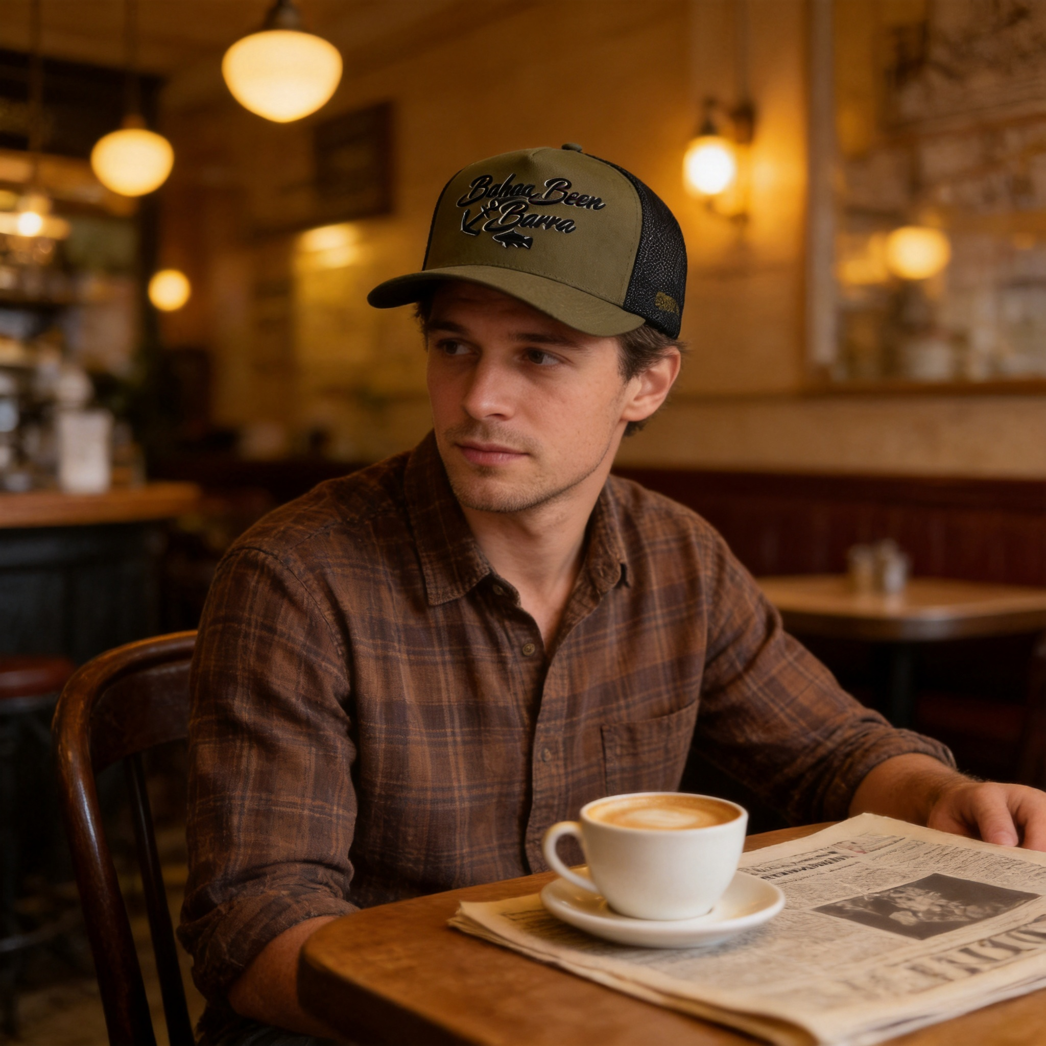 Olive Green Black Mesh Script Embroidered Cotton Trucker Hat