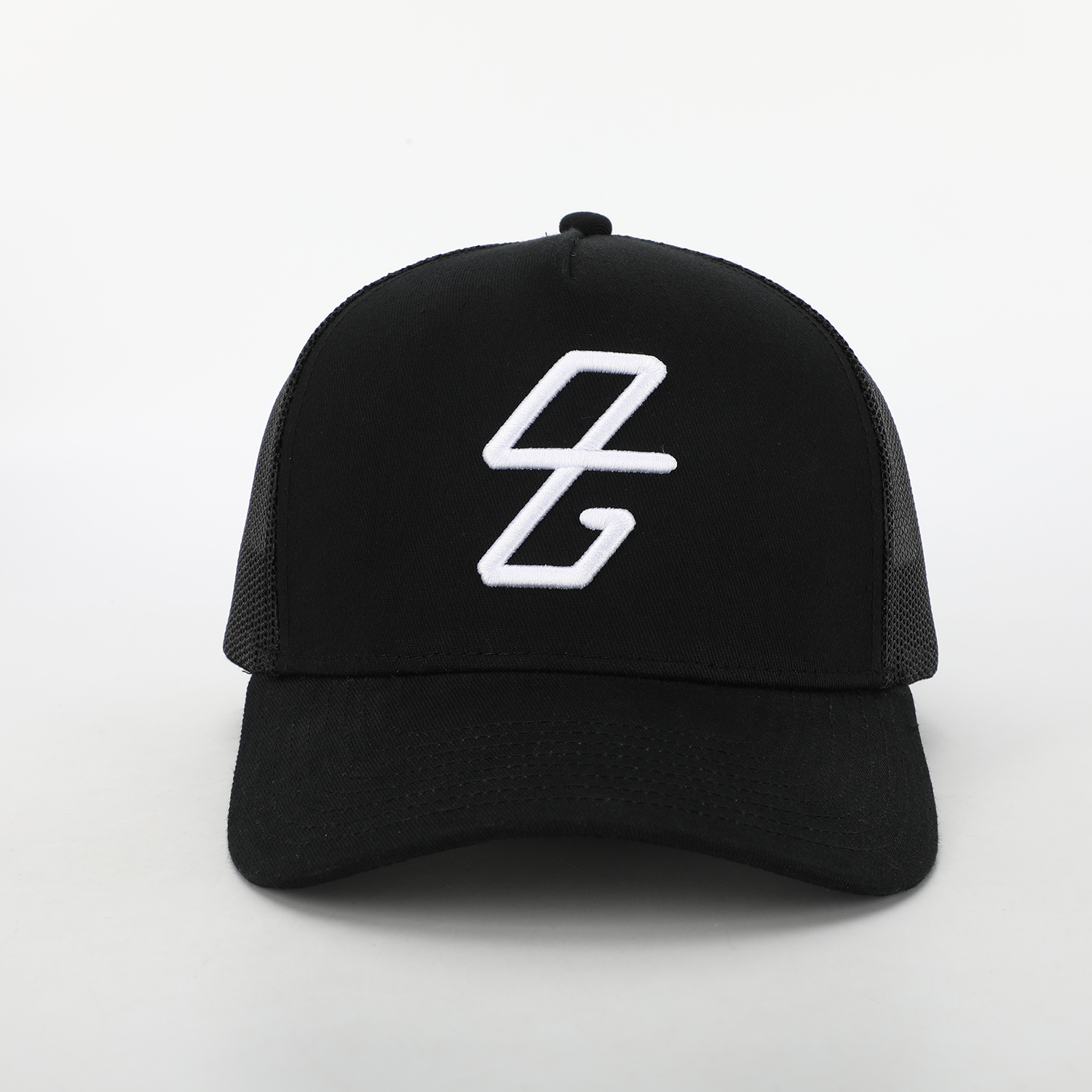 Black Mesh Trucker Cap with White Raised Logo Embroidery