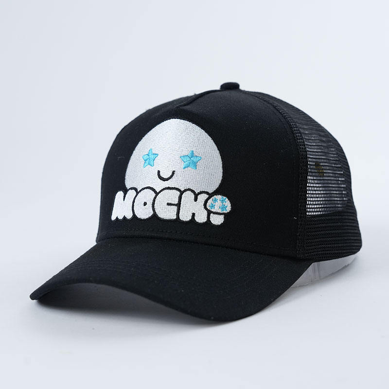 Black Cartoon Face Embroidered Mesh Trucker Hat
