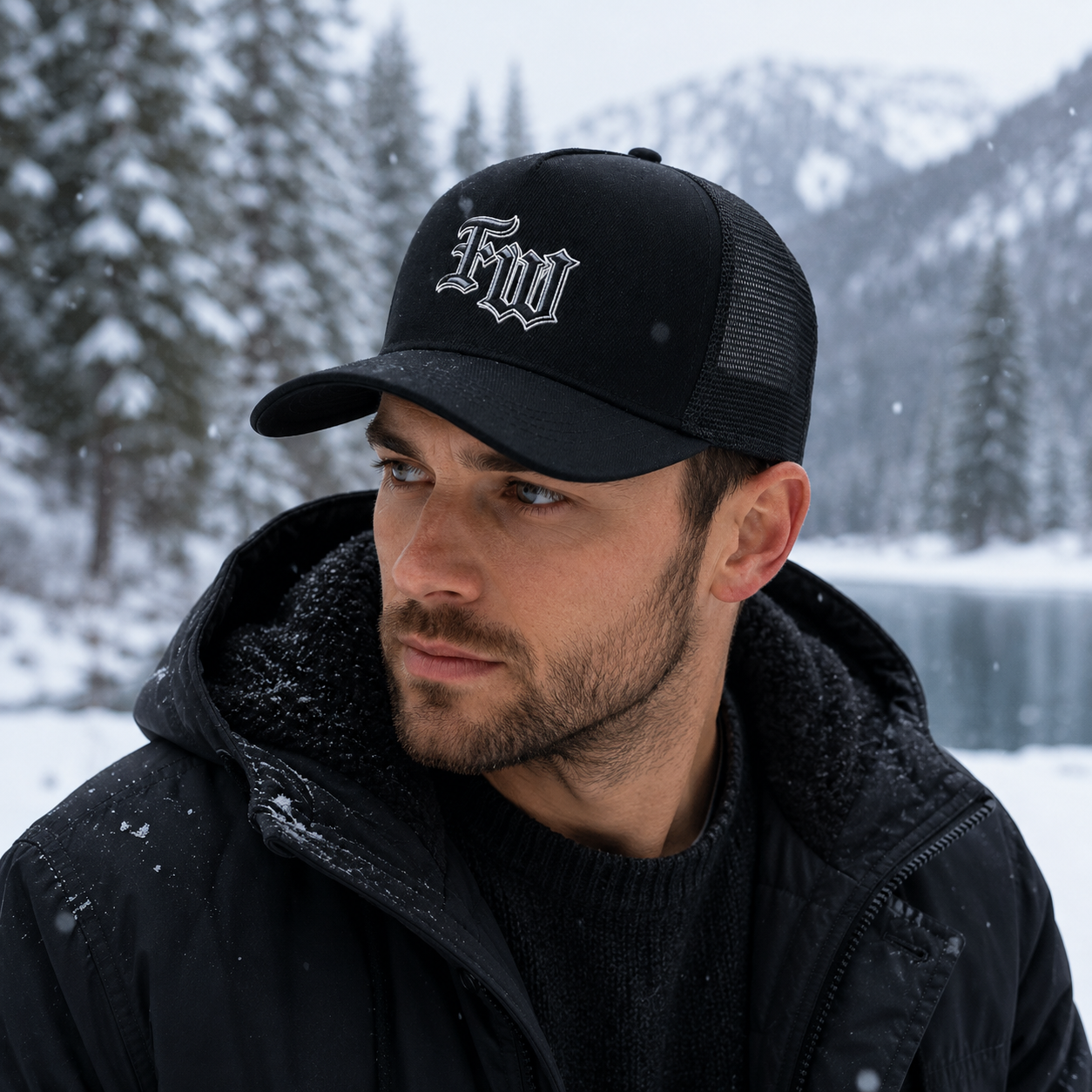 Black Mesh Trucker Cap with Embroidered Gothic Letter Logo