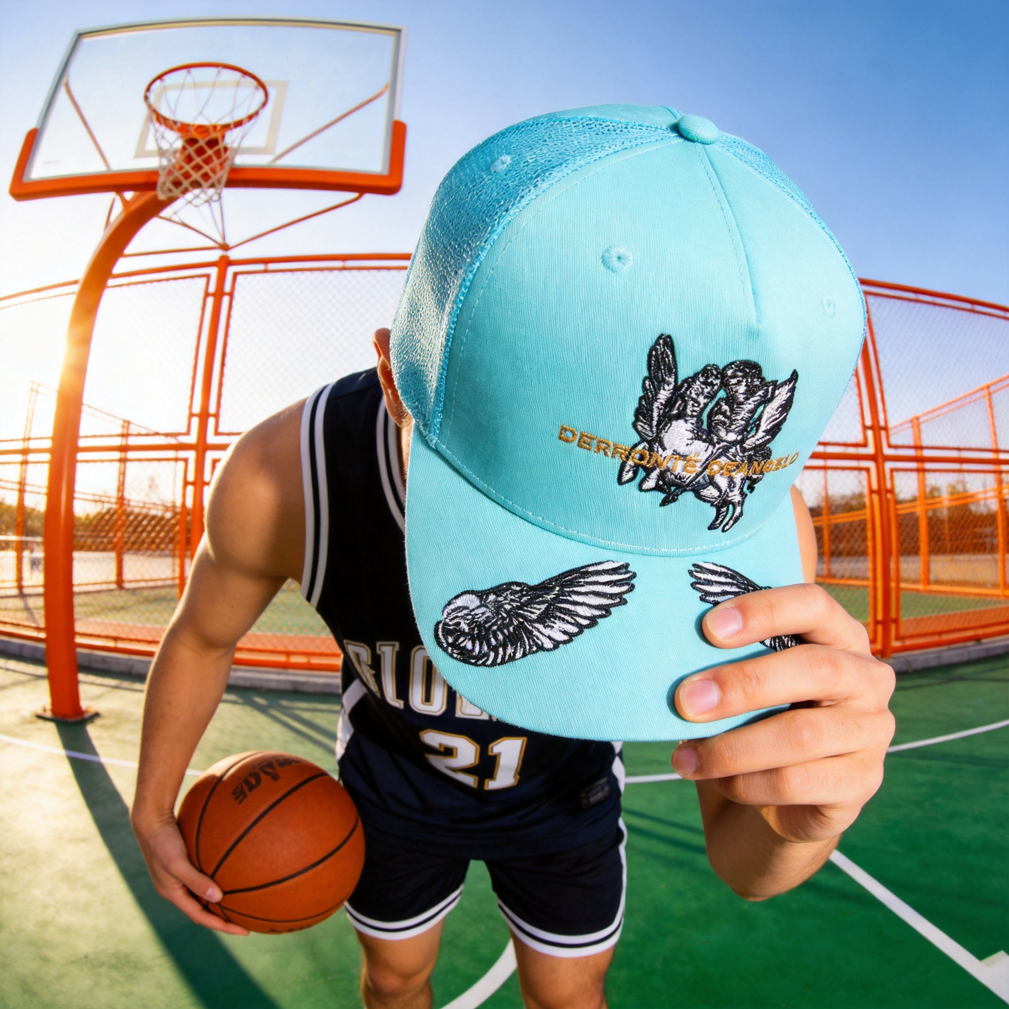 Angel Embroidery Turquoise Mesh Back Baseball Cap