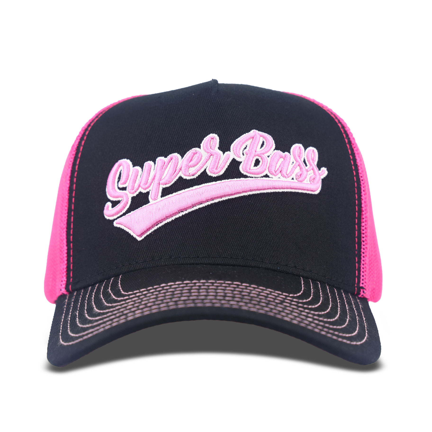 Black Pink Script Embroidered Mesh Trucker Cap