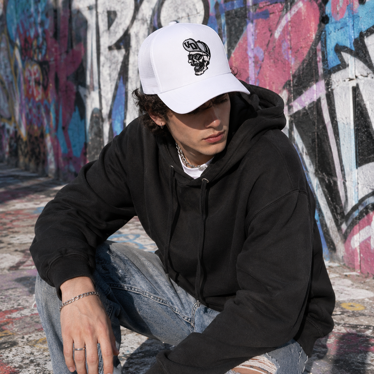 Skull Rider Embroidered Cotton Mesh Trucker Hat