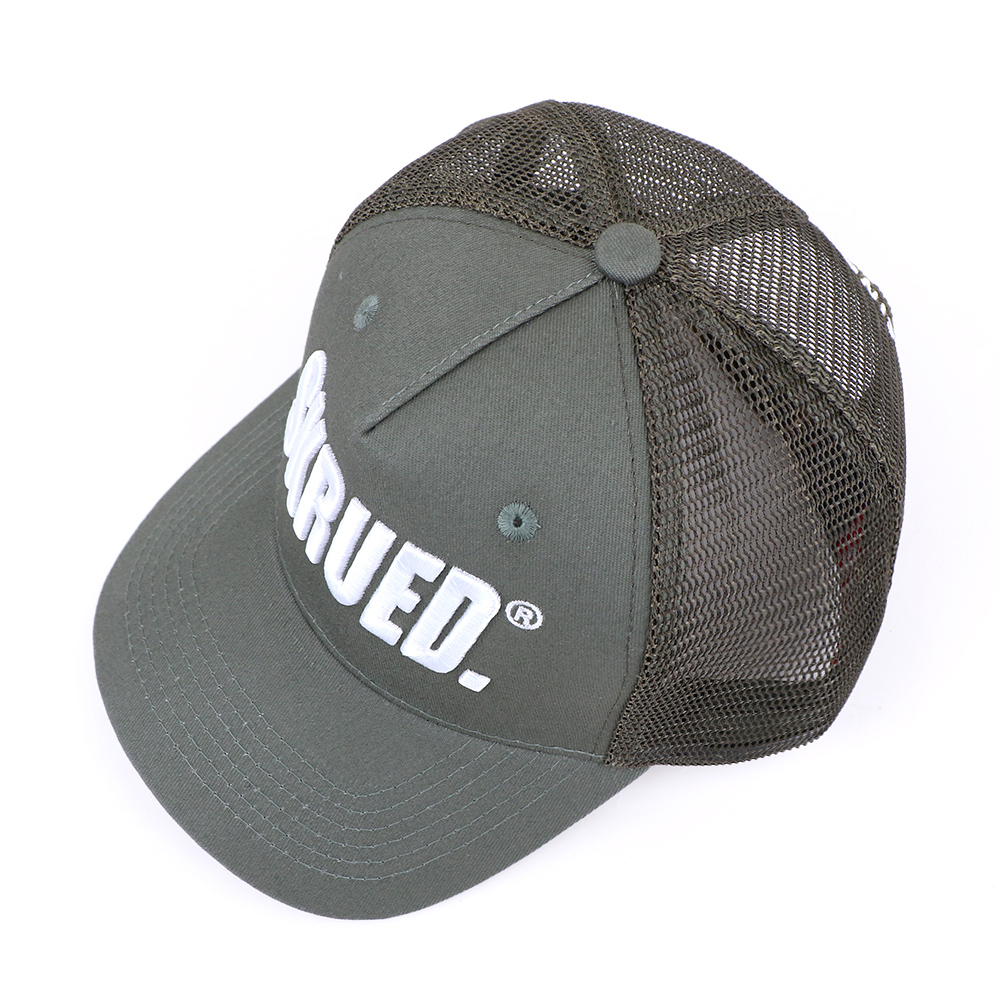 Olive Green and White Embroidered Five-Panel Mesh Trucker Cap