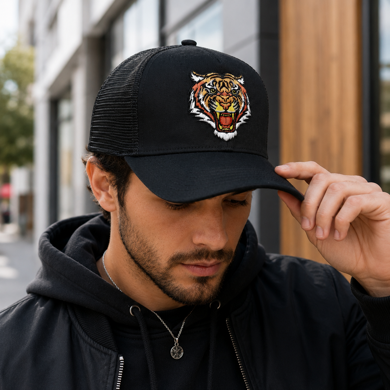 Black Tiger Embroidered Mesh Trucker Cap