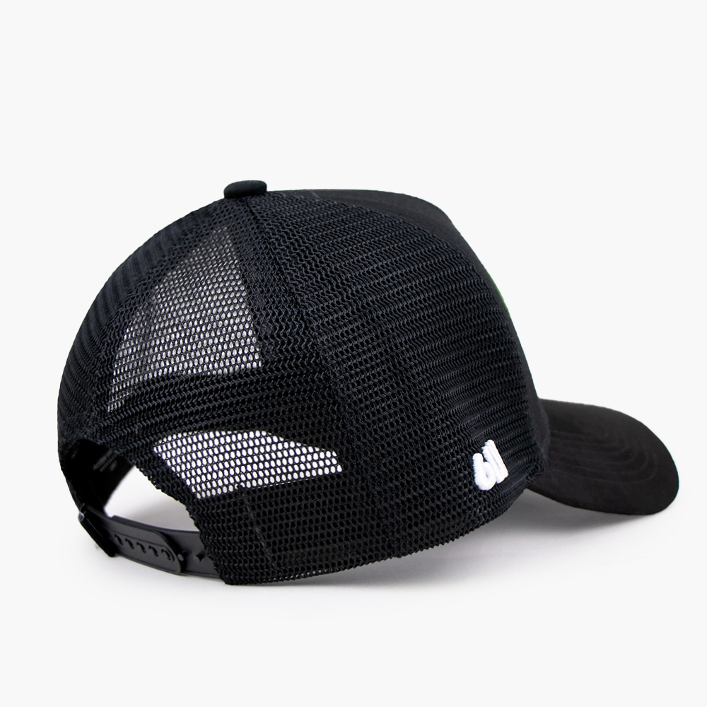 Black Happy Trash Money Bag Patch Mesh Trucker Cap