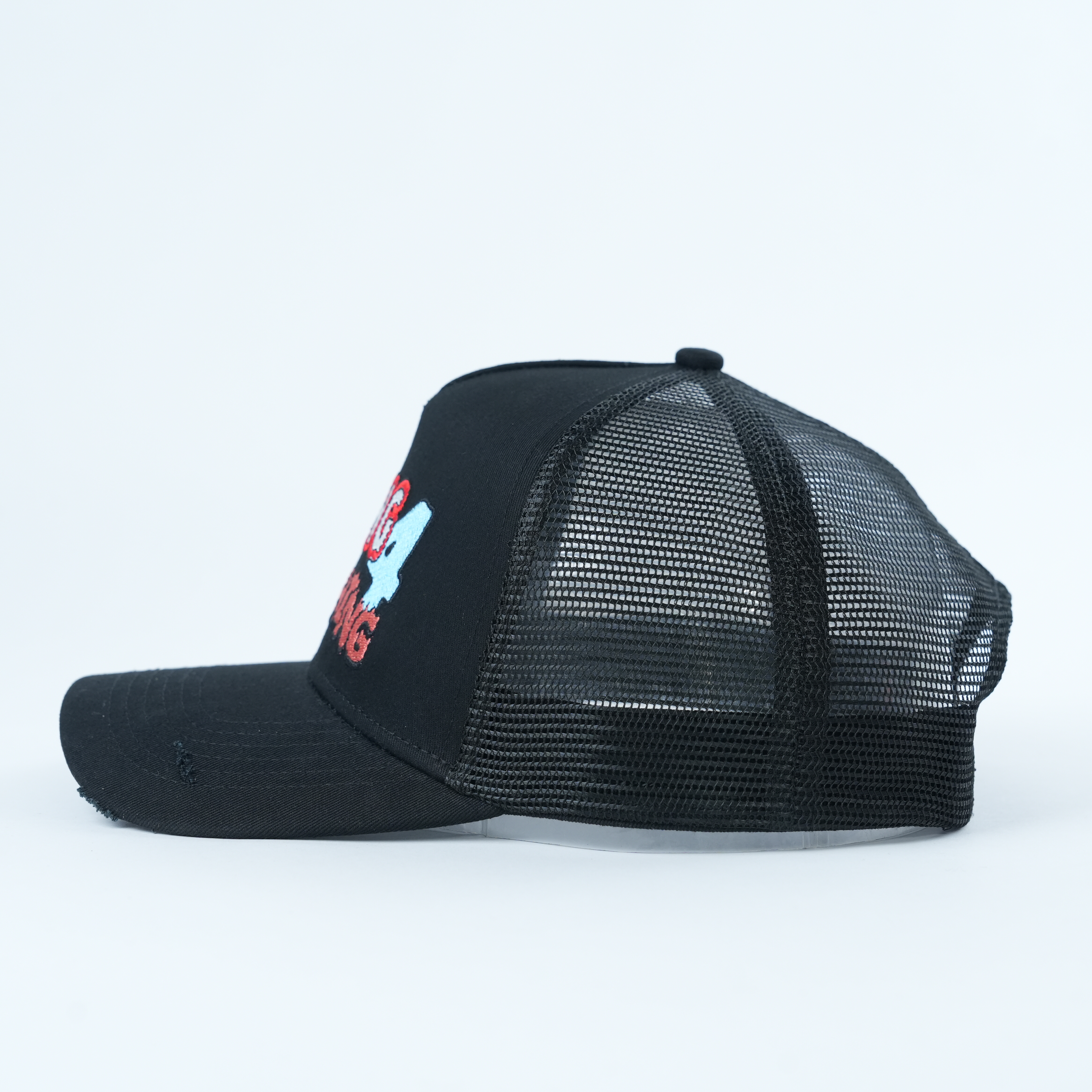 Black Mesh Trucker Baseball Cap with Colorful Statement Embroidery
