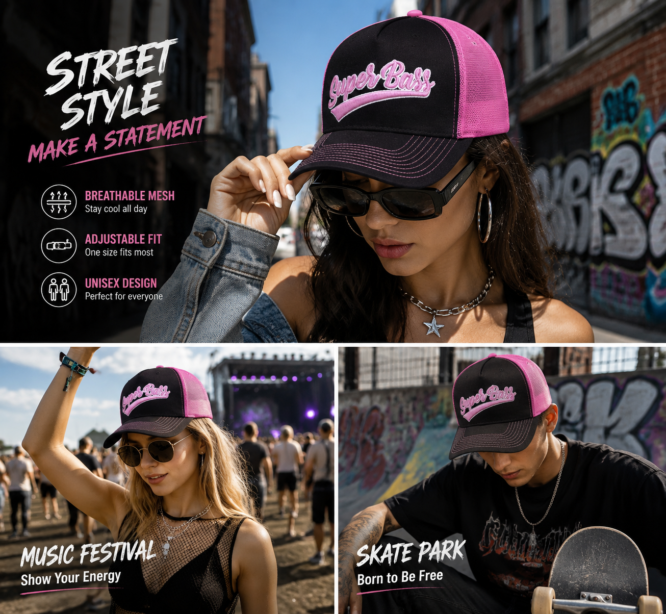 Black Pink Script Embroidered Mesh Trucker Cap