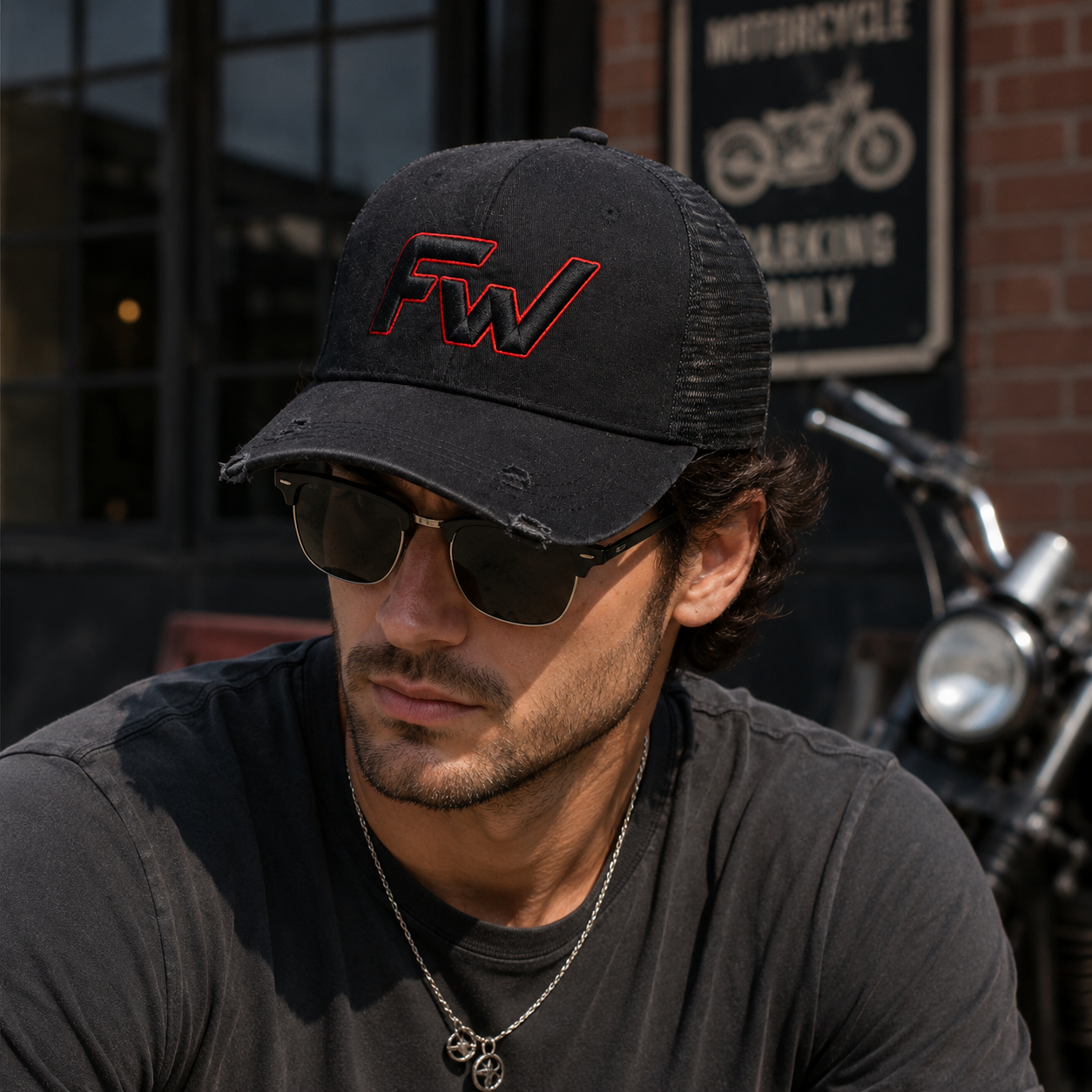 Black Red Logo Embroidered Mesh Trucker Hat