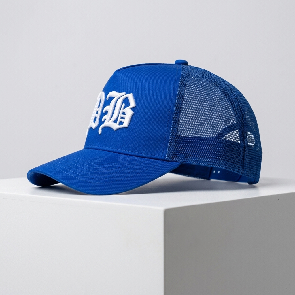 Royal Blue Mesh-Back Trucker Cap with Raised White Gothic DB Embroidery