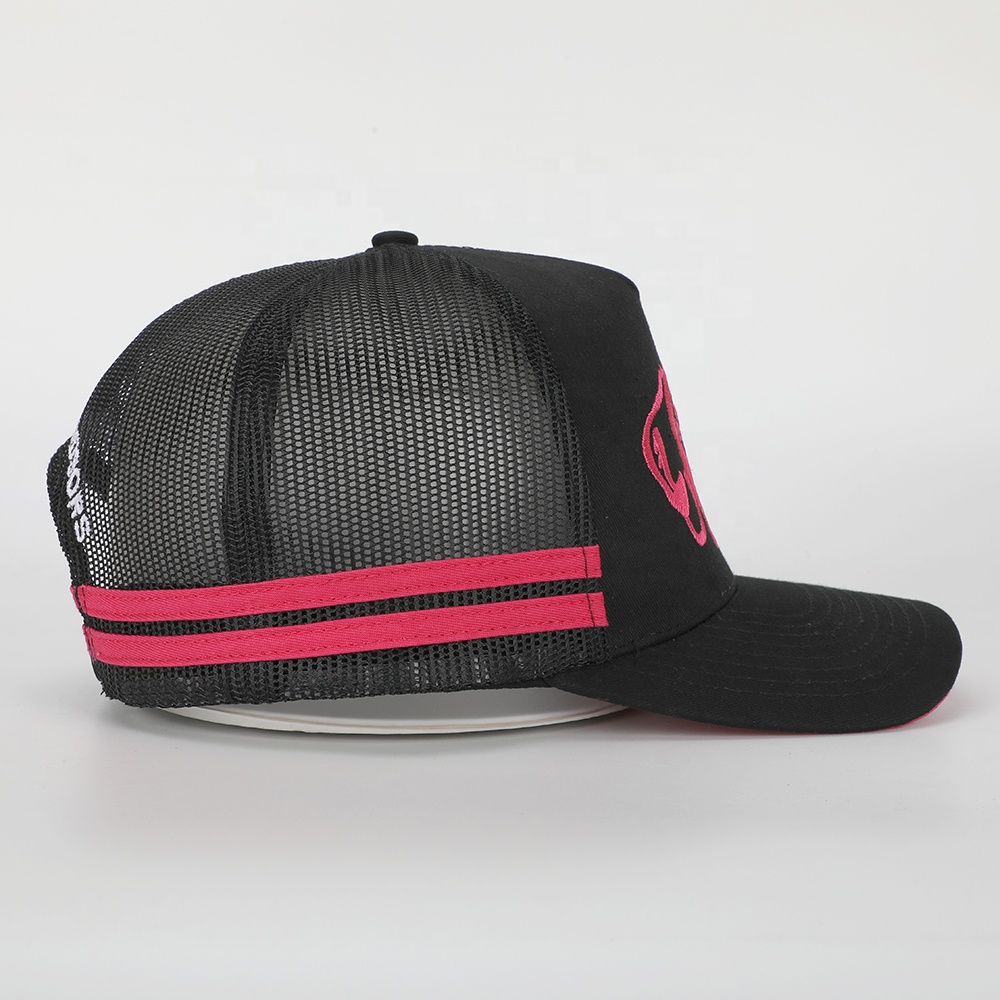 Black and Pink Embroidered Animal Graphic Cotton Trucker Hat