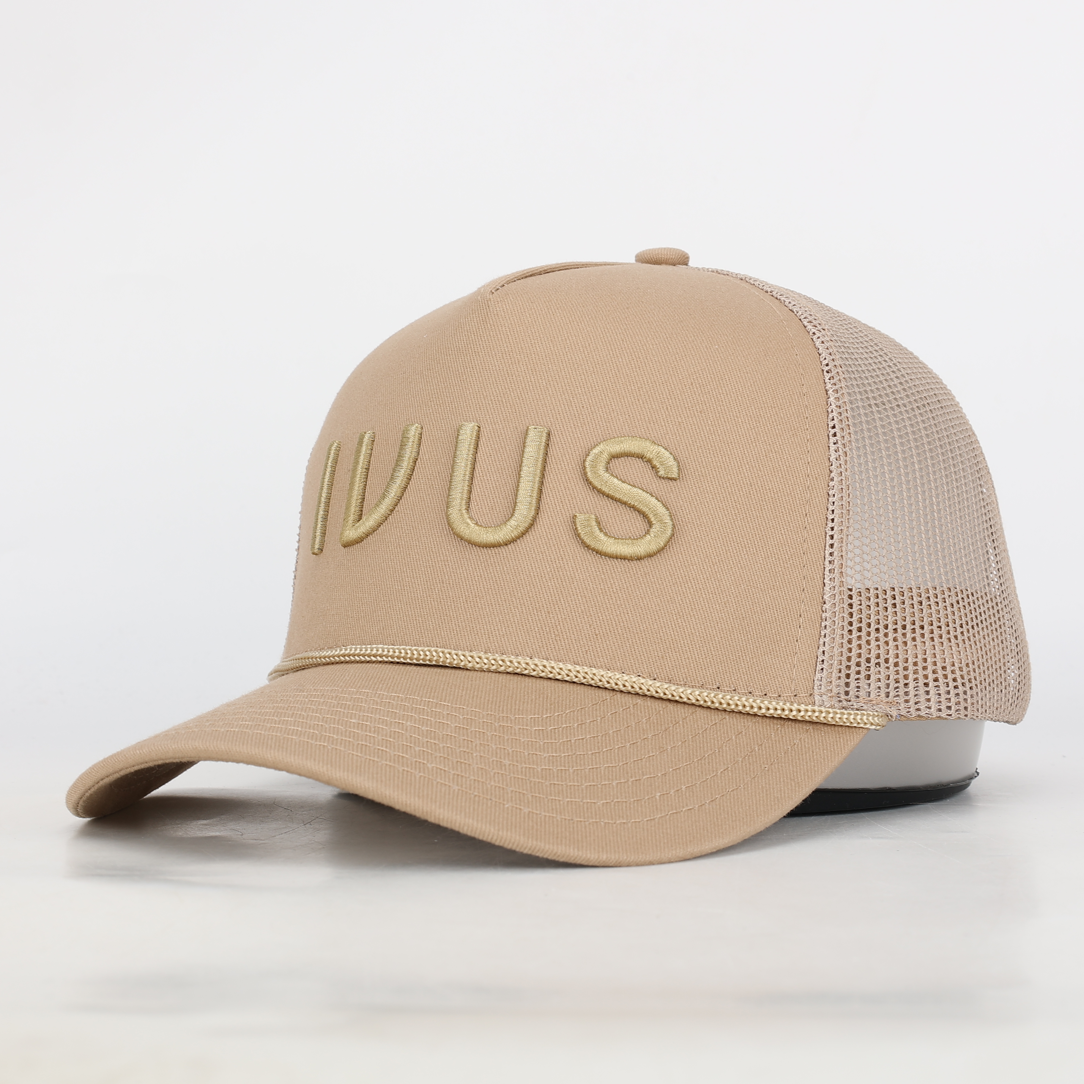 Beige Cotton Mesh Trucker Hat with Embroidered V Logo