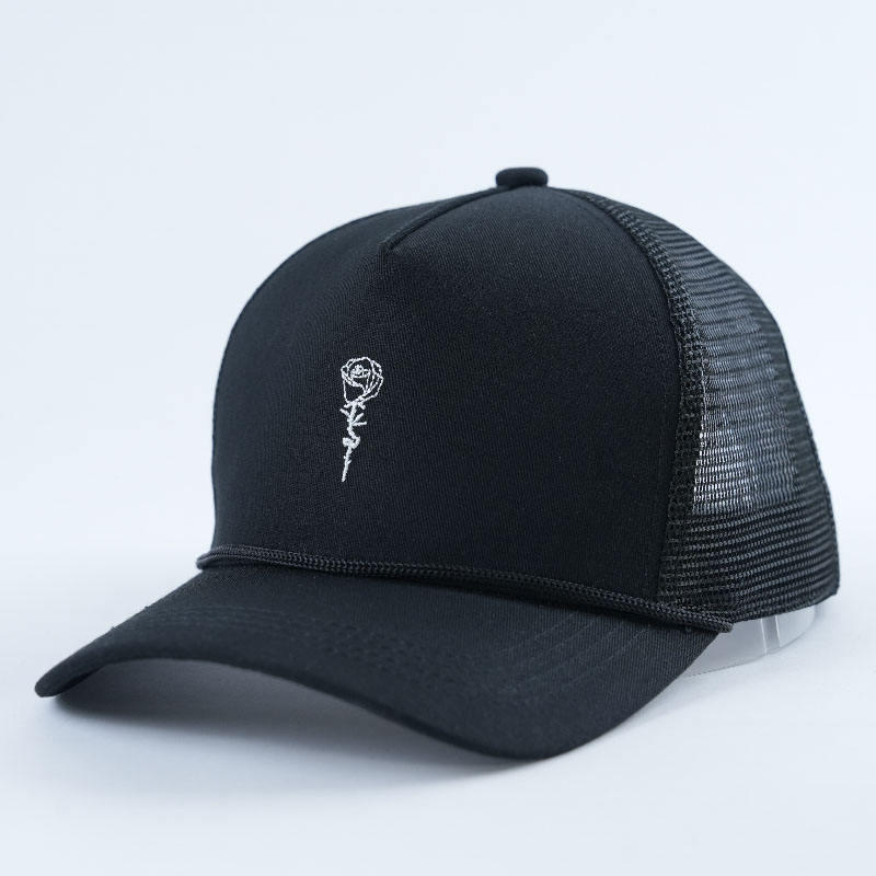 Black Mesh Rope Trucker Cap with Rose Embroidery