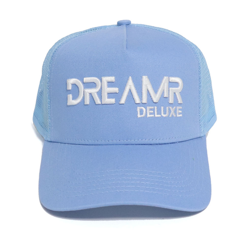 Light Blue 5-Panel Mesh Trucker Hat with White Embroidery